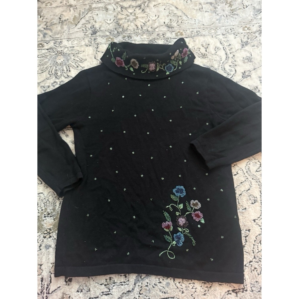 VTG Victoria Jones Sweater Size L Black Beaded Floral Cowl Neck Top Cottage Core